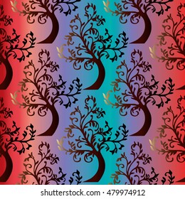 Bright colorful elegant vector seamless pattern background wallpaper illustration with stylish abstract trees. Luxury endless texture. Modern decor with shadows and highlights