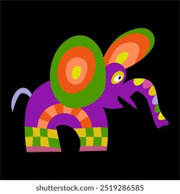 Bright colorful elephant with geometric pattern throughout. Fantastic cute character with a friendly smile