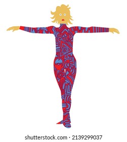 A bright, colorful and emotional circus show accompanied by a performance by artists. Their costumes are painted with graphic patterns. Flat vector illustration isolated on white background