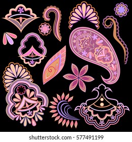 Bright colorful ethnic cliche with paisley and decorative elements. Vector set of various ornaments, deco template . Oriental trendy print for decoration,  gift,  design,  women's clothing.