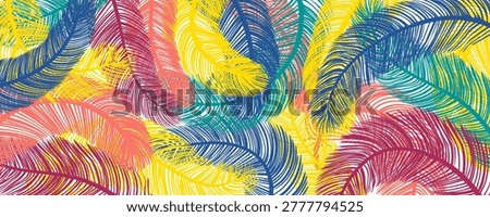 Bright colorful exotic bird feathers texture on transparent background. Ostrich, marabou plumes, plumage. Carnival, masquerade, fashion, glamour design element. Hand drawn flat vector illustration