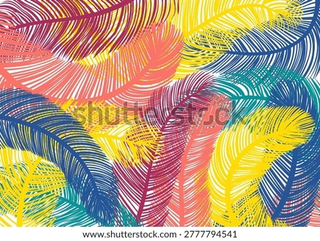 Bright colorful exotic bird feathers texture on transparent background. Ostrich, marabou plumes, plumage. Carnival, masquerade, fashion, glamour design element. Hand drawn flat vector illustration
