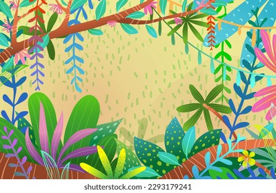 Bright and colorful exotic jungle background for kids. Vibrant and playful illustration of African rainforest nature, intricate wallpaper for children design. Vector tropical background cartoon.