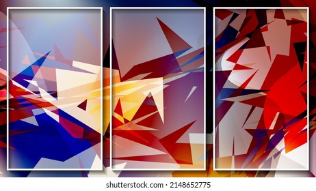 Bright colorful expressionist triptych. Multicolored overlapping polygons in a space of gentle tones. Three images in white thin frames. Vector.