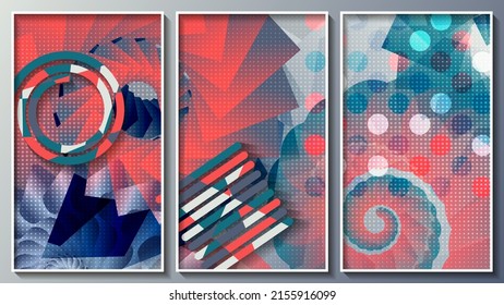 Bright colorful expressionist triptych. Multi-colored art forms and stripes against the background of a variety of overlapping polygons and shapes. Vector.