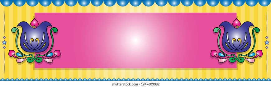 Bright and colorful eye catching truck art, tribal horizontal banner background template with traditional floral ethnic motives. Empty space on the vibrant board for your text and artistic elements