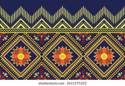 Bright and colorful fabric pattern featuring intricate floral and ornamental motifs in vivid pink, purple, and yellow tones. Inspired by ethnic and folk art styles, this symmetrical vector design