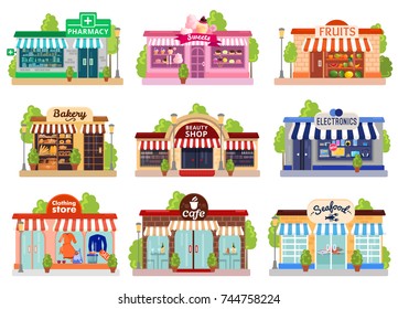 Bright colorful facades of six stores and cafes isolated on white background flat vector illustration