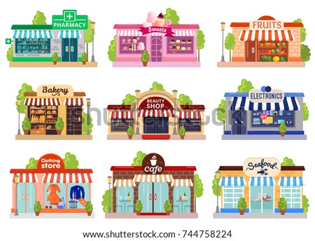 Bright colorful facades of six stores and cafes isolated on white background flat vector illustration