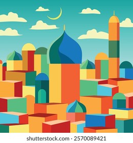 Bright colorful fairytale town in Arabian style, multicolor, flat style
