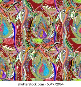 Bright colorful fantasy flowers, leaves, buds on background with. Floral seamless pattern with watercolor hand drawn elements.