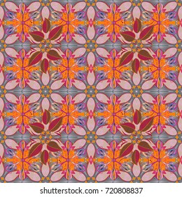 Bright colorful fantasy flowers, leaves, buds on neutral, gray and orange colors with neutral, gray and orange. Floral seamless pattern with watercolor hand drawn elements.