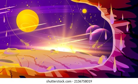 Bright colorful fantasy space landscape in yellow-purple tones. View from the cave to the surface of an abstract planet, craters, meteorites, stars, flashes of light, glare and glow. Vector. 