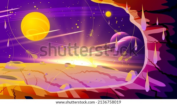 Bright\
colorful fantasy space landscape in yellow-purple tones. View from\
the cave to the surface of an abstract planet, craters, meteorites,\
stars, flashes of light, glare and glow. Vector.\
