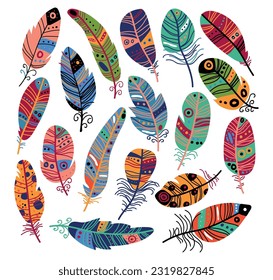 Bright colorful feathers collection. Birds falling fluffy feathers, soft plumage cartoon vector