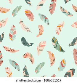 Las plumas coloridas brillantes son un patrón impecable. Textura de boho étnico en colores pastel. Fondo claro. Ilustración vectorial. Ideal para el diseño textil, de papel, de camisetas