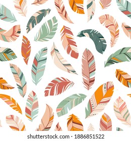Bright colorful feathers seamless pattern. Ethnic boho texture in pastel colors. Light background. Vector illustration. Great for textile, print, paper, t-shirt design