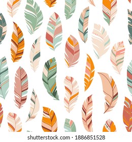 Bright colorful feathers seamless pattern. Ethnic boho texture in pastel colors. Light background. Vector illustration. Great for textile, print, paper, t-shirt design