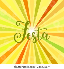 Bright colorful, festive background with triangles, rays and bokeh lights. Festa Italian, Portuguese text.
