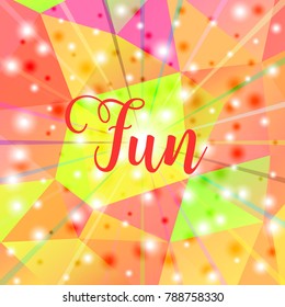 Bright colorful, festive background with triangles, rays and bokeh lights.