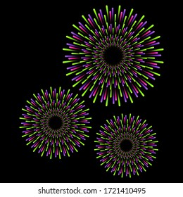 Bright colorful fireworks, abstract radial lines vector illustration.
