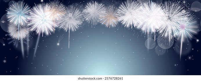 Bright and colorful fireworks display against a dark gradient sky with glowing light effects and sparkling stars, perfect for festive celebrations.