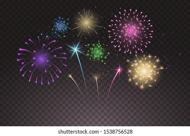 Bright colorful fireworks explosions isolated on transparent background. New Year's Eve fireworks. Festive sparks and explosions. Realistic light effect. Element for yor design. Vector illustration