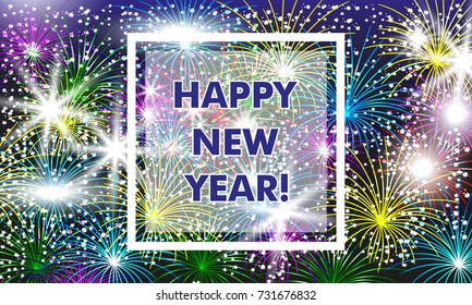Bright colorful fireworks with falling snow. Festive background for design new year. Vector illustration.