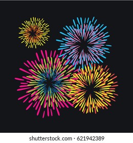 Bright colorful fireworks flat design in the dark sky vector illustration