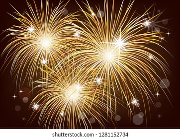 Bright colorful fireworks in the night sky. Holiday, fun. Vector illustration for your design.