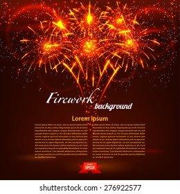 Bright Colorful Fireworks On A Red Background. Holiday Card. Vector Illustration