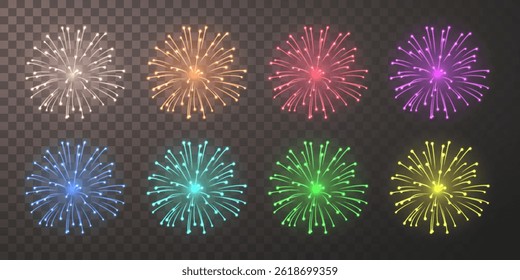 Bright Colorful Fireworks Set in White, Red, Blue, Green, and Yellow on Dark Transparent Background, Perfect for Party, Festival, Holiday, and Celebration Designs. Vector Illustration.