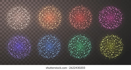 Bright Colorful Fireworks Set in White, Red, Blue, Green, and Yellow on Dark Transparent Background, Perfect for Party, Festival, Holiday, and Celebration Designs. Vector Illustration.