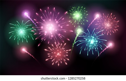 Bright colorful fireworks sparkles composition shining on black sky, red, green, blue and pink bursting, holiday celebrating, vector illustration