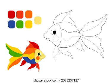  Bright colorful fish. Children's coloring with an example. Vector illustration.