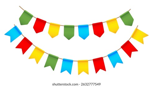 Bright colorful flags on white background for parties, decor element, vector illustration for holiday.