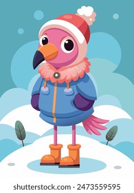 Bright and colorful flamingo vector illustration with snow background