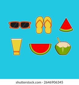 A bright and colorful flat design set of summer vacation essentials: sunglasses, flip-flops, watermelon slices, coconut water, and sunscreen. Perfect for summer, beach, and holiday-themed projects.