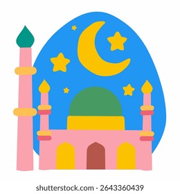 Bright and colorful flat mosque with crescent moon and stars in the background. Ideal for Ramadan and Eid greeting cards, banners, posters, and Islamic celebration visuals.