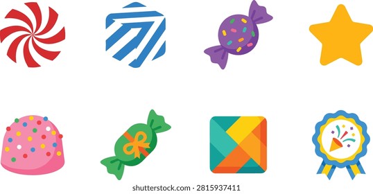 A bright and colorful flat vector icon set featuring sweet candies and party celebration elements, including peppermint swirl, striped candy, wrapped sprinkled candy, golden star, pink truffle with sprinkles, wrapped green sweet, colorful geometric box, and a party popper award badge. Ideal for mobile games, party invitation designs, confectionery branding, and festive UI elements.