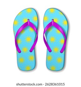 Bright and colorful flip flops with yellow sun pattern on blue. Vibrant pink straps add a striking contrast. Perfect imagery for summer and beach themes.