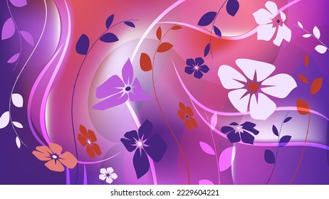 Bright colorful floral art background. Smoothly curved branches with leaves, wavy stripes, vintage flowers, mixing colors form a beautiful composition. Author's work. Vector.