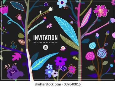 Bright and Colorful Floral Background. Child's Drawing Stylization. Mod Textile Pattern. Wedding Invitation. EPS8