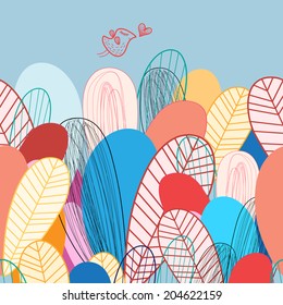 bright colorful floral background with love bird on blue  