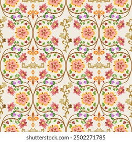 Bright and colorful floral pattern featuring large blossoms with pink and orange hues, intertwined with delicate green leaves, ideal for spring-themed textiles and digital prints.