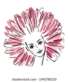 Bright colorful floral portrait of beautiful girl with aster daisy petal hairstyle. Woman with flower on head. Image concept for flower horoscope. Hand drawn, vector, isolated on white background.