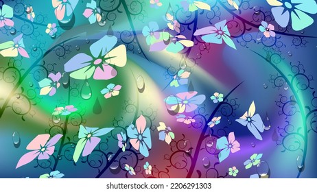 Bright colorful floral wallpaper with 3D effect. Art flowers and branches with leaves, transparent drops are randomly arranged on a background of mixing colors.Template for your projects.Vector.