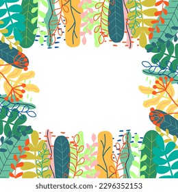 
Bright colorful flower frame. Hand drawn border with branches, leaves isolated on white background. Trendy template for postcard, invitation, layout, wallpaper. Sweet cute drawing in doodle style. Ve