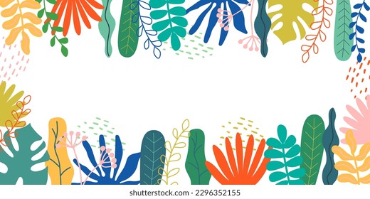 Bright colorful flower frame. Flower Silhouettes on white background. Hand drawn border with branches, leaves isolated on white background. Trendy template for postcard, invitation, layout, wallpaper.