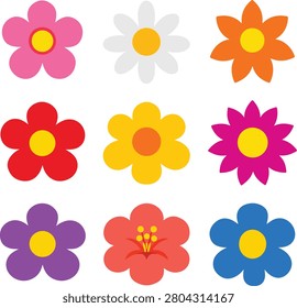 Bright and colorful flower icon collection featuring cute floral blossoms in a modern flat vector style. Perfect for spring designs, stickers, greeting cards, children's projects, web design, mobile apps, branding, educational materials, and decorative graphics. These vibrant flower illustrations bring a cheerful and playful touch to both digital and print creative projects. #flowericons #colorfulflowers #floralvector #flatdesign #cuteflowers #springflowers #flowerillustration #vectorart #flowerclipart #botanicaldesign #floralset #colorfulvector #gardenflowers #graphicdesign #flowercollection